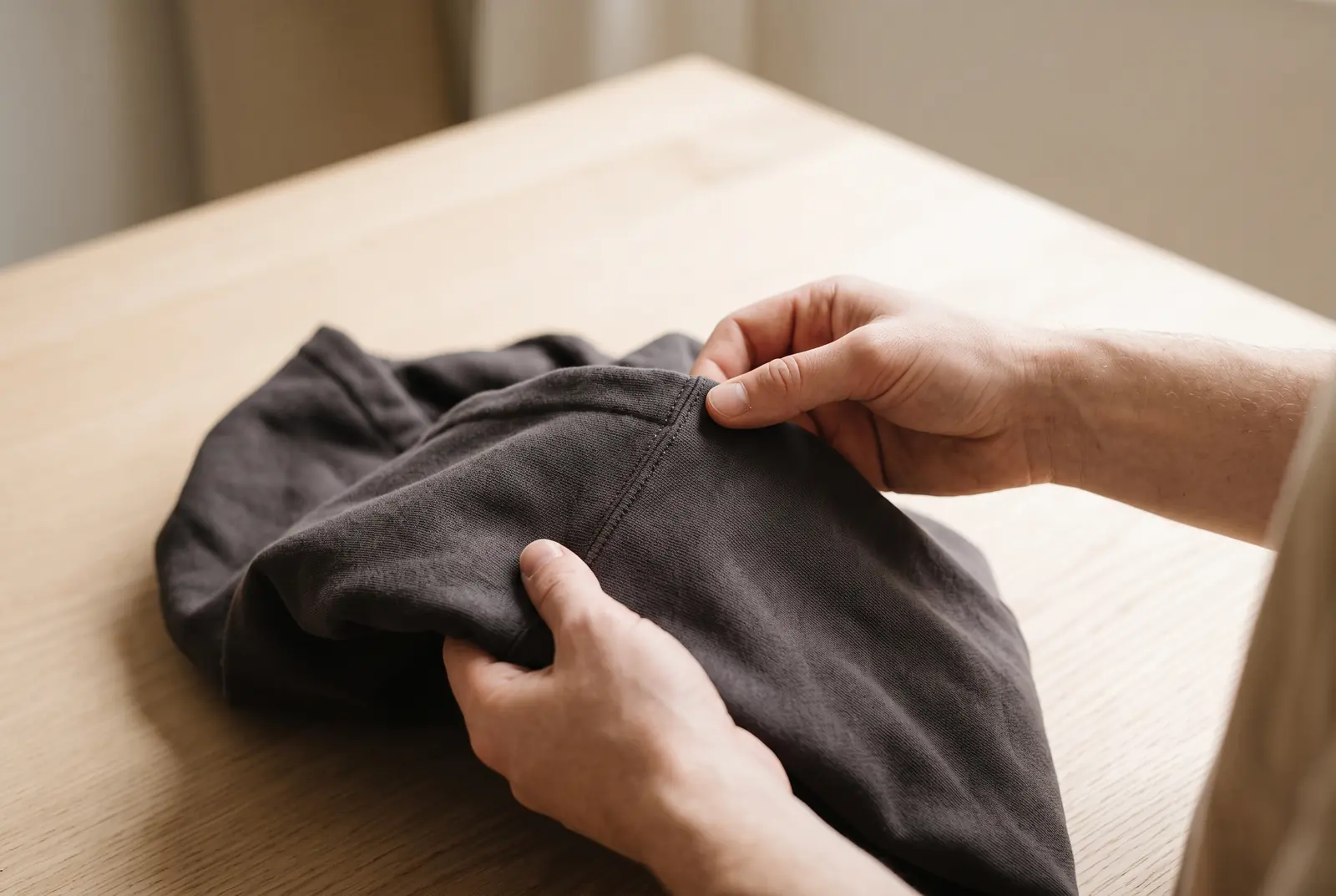 Handen die de stof van een hoodie tegen het licht inspecteren