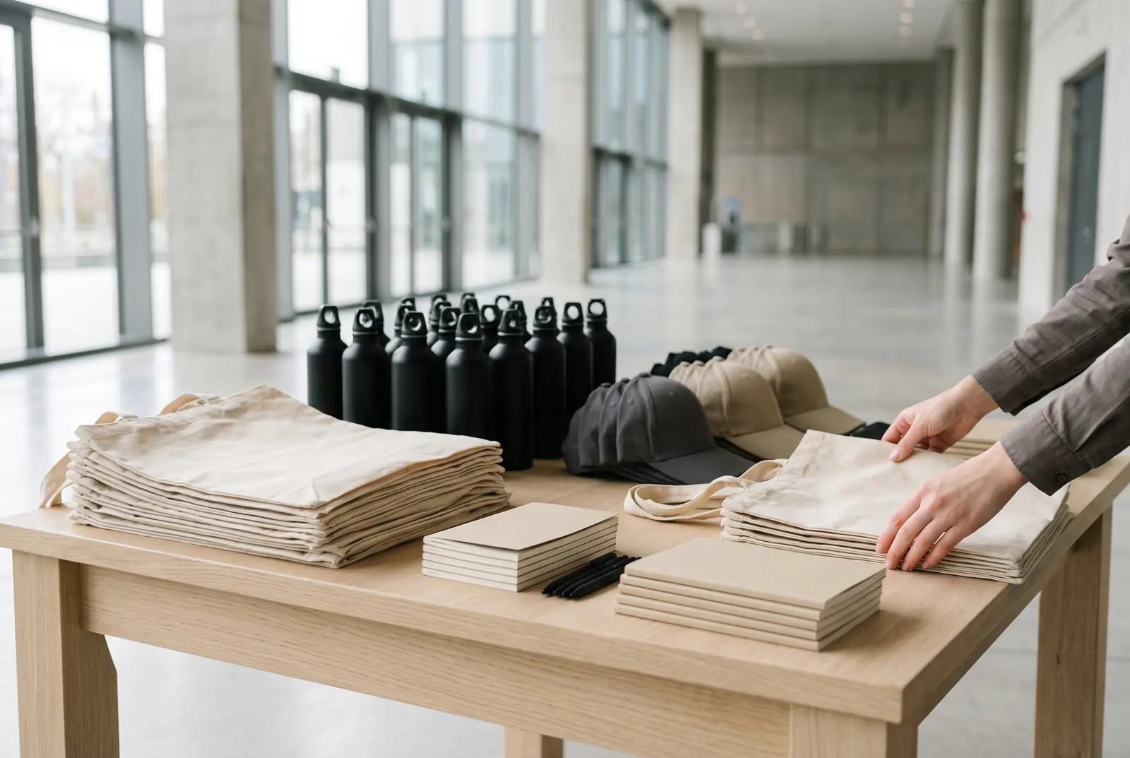 Standtafel met tassen, flessen en notitieboekjes klaar om uit te delen