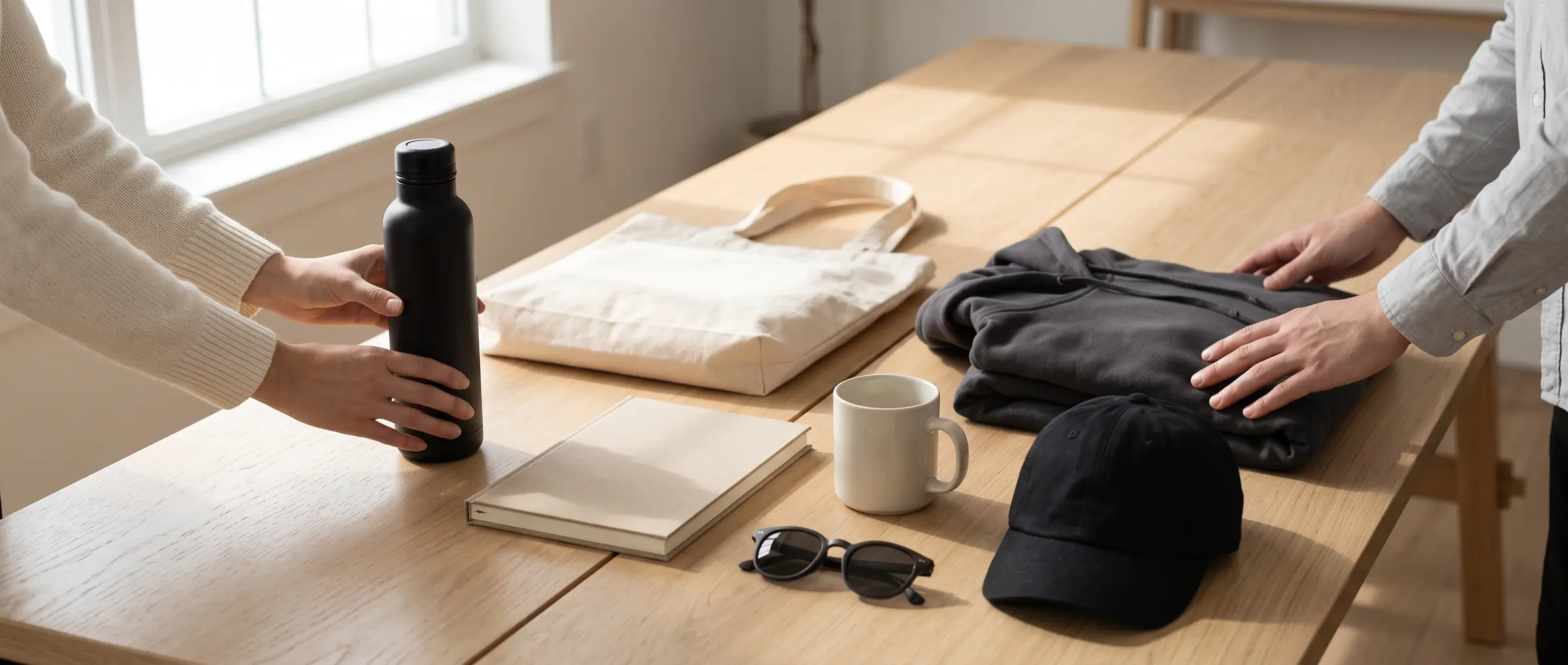 Ongemarkeerde promotieproducten op een lichte houten tafel