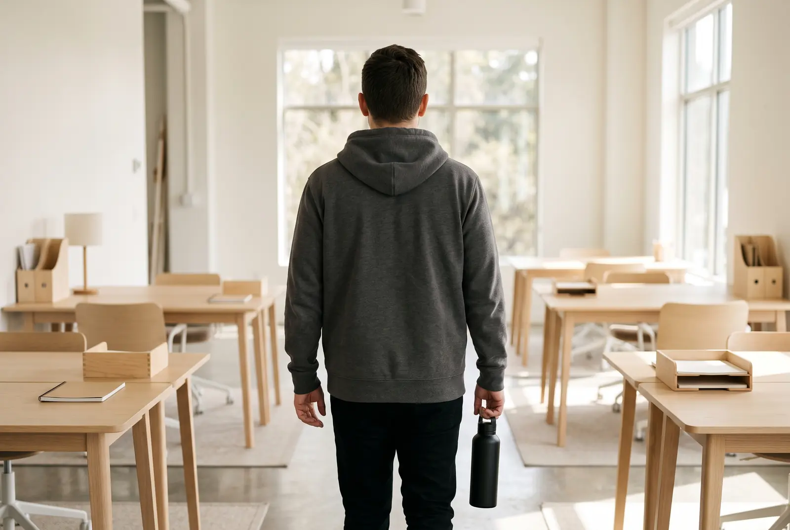 Licht kantoor met een persoon in een effen hoodie van achteren gezien