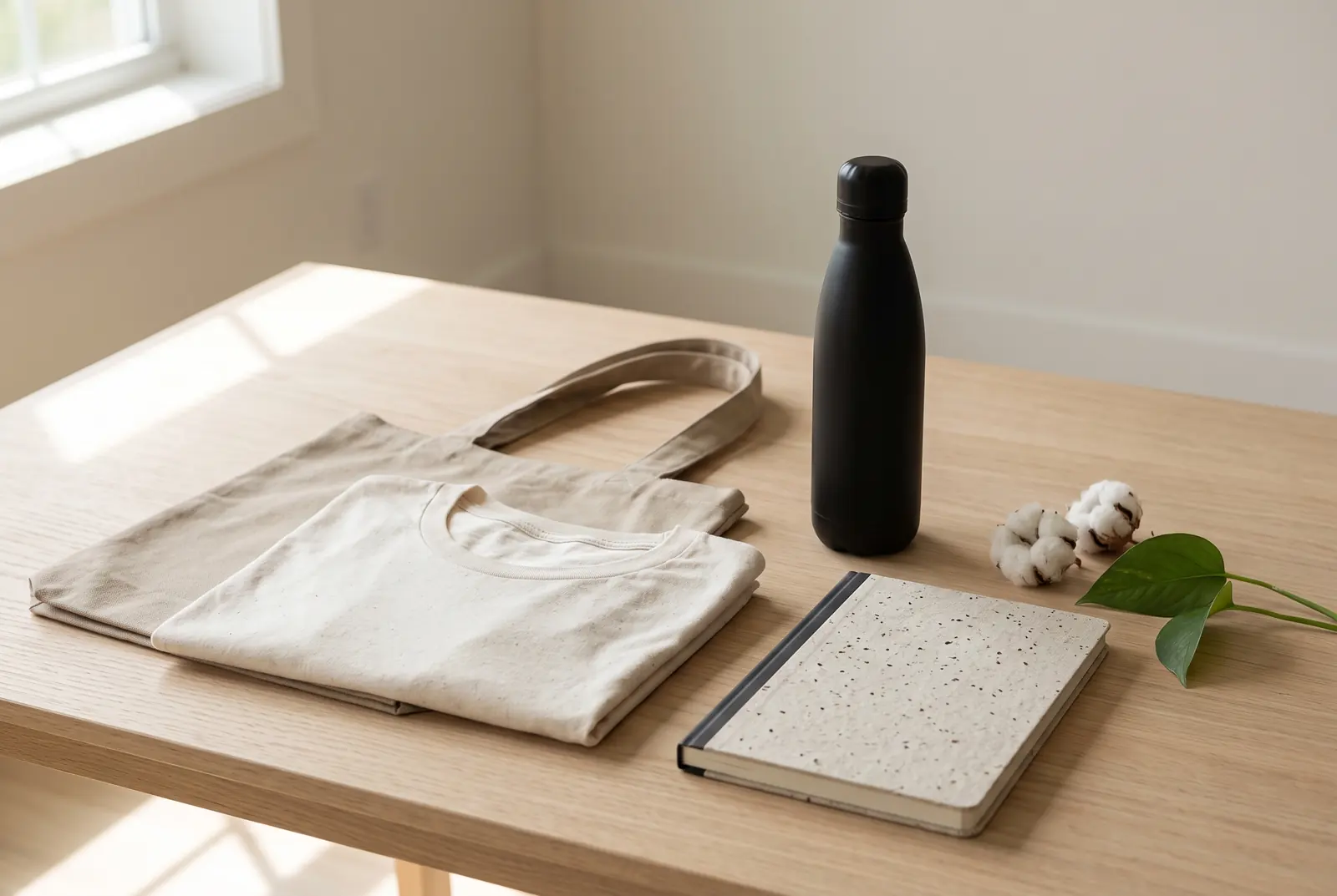 T-shirt van biologisch katoen, canvas tas en fles van gerecycled staal