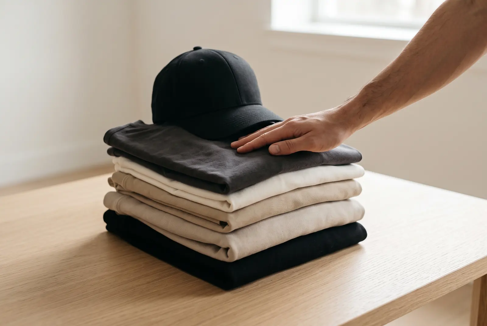 Stapels gevouwen T-shirts en hoodies in neutrale tinten