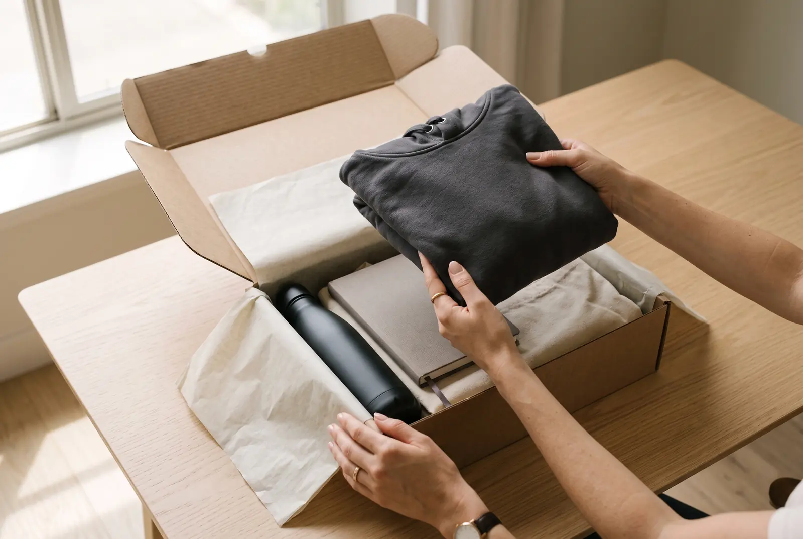 Welkomstpakket met sweatshirt, fles en notitieboek